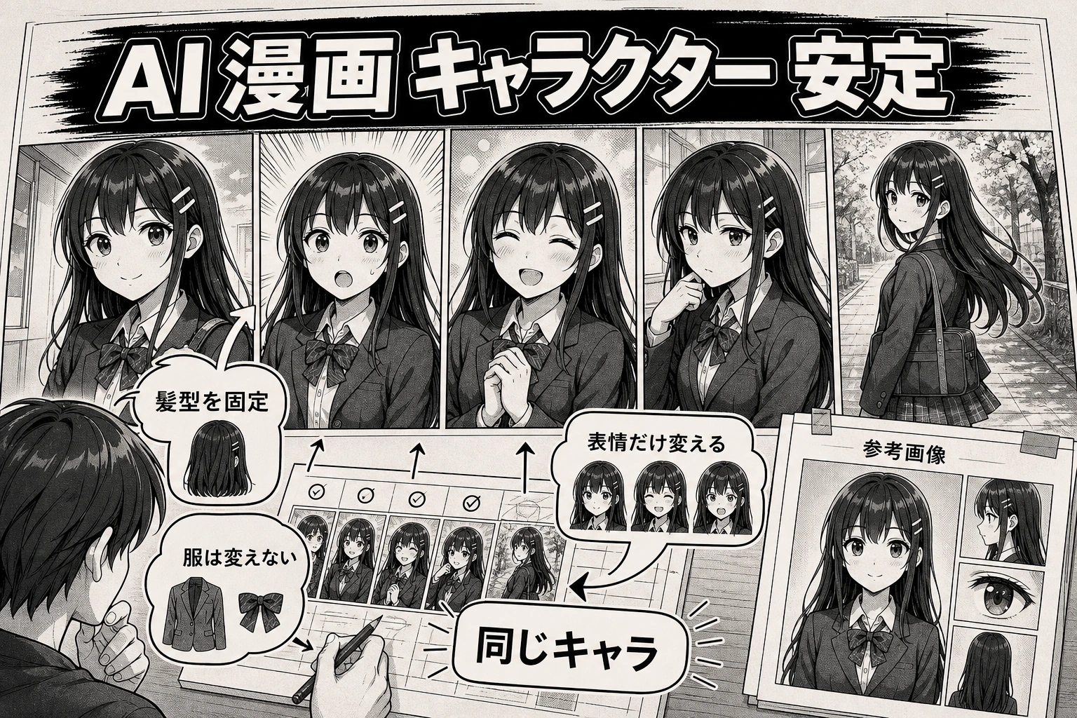 AI 漫画 キャラクター 安定のために髪型と服と表情をそろえる漫画形式のブログ画像