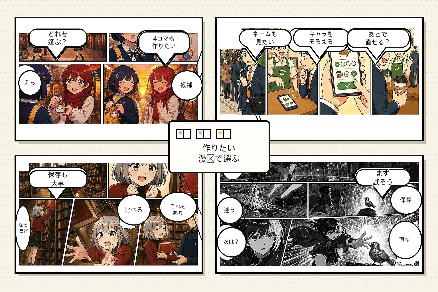 AI漫画作成おすすめ比較で選び方を示す漫画形式のブログ画像