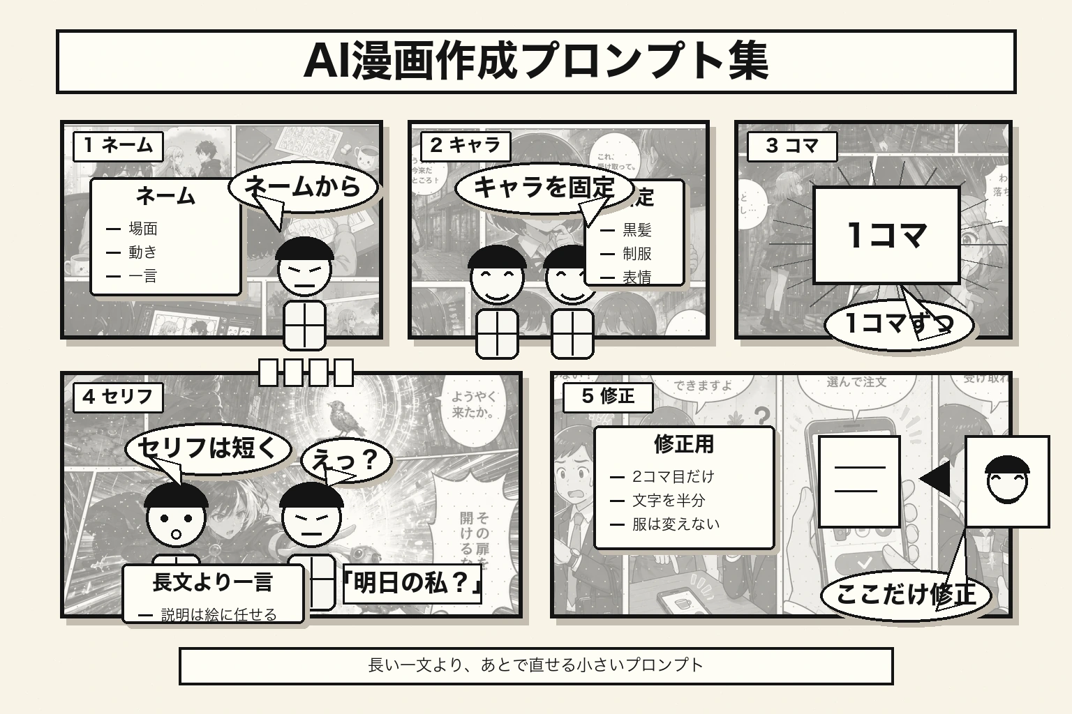 AI漫画作成プロンプト集をネームとコマ画像と修正に分けて見せる漫画形式のブログ画像