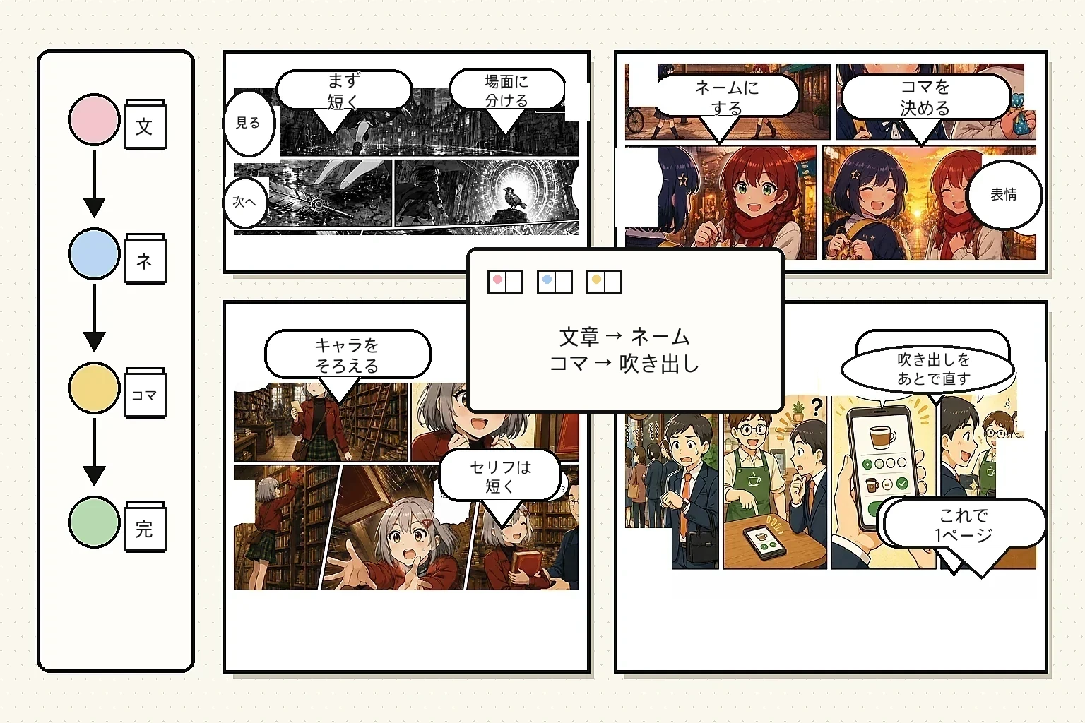 AI漫画の作り方を文章からネームとコマと吹き出しへ進める漫画形式のブログ画像