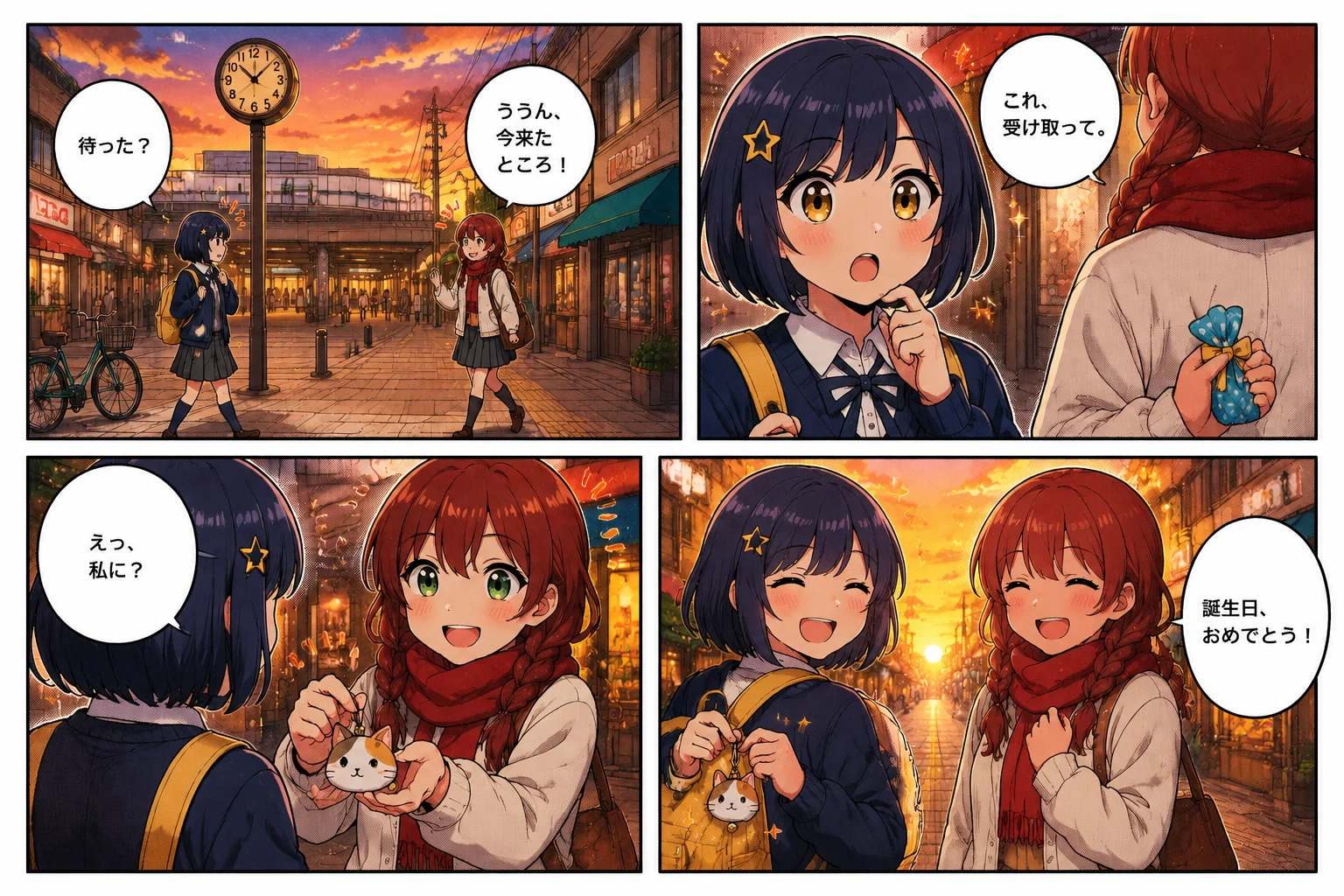 AI漫画作成ツールで文章と会話から作った、二人のオリジナルキャラクターのカラー会話漫画