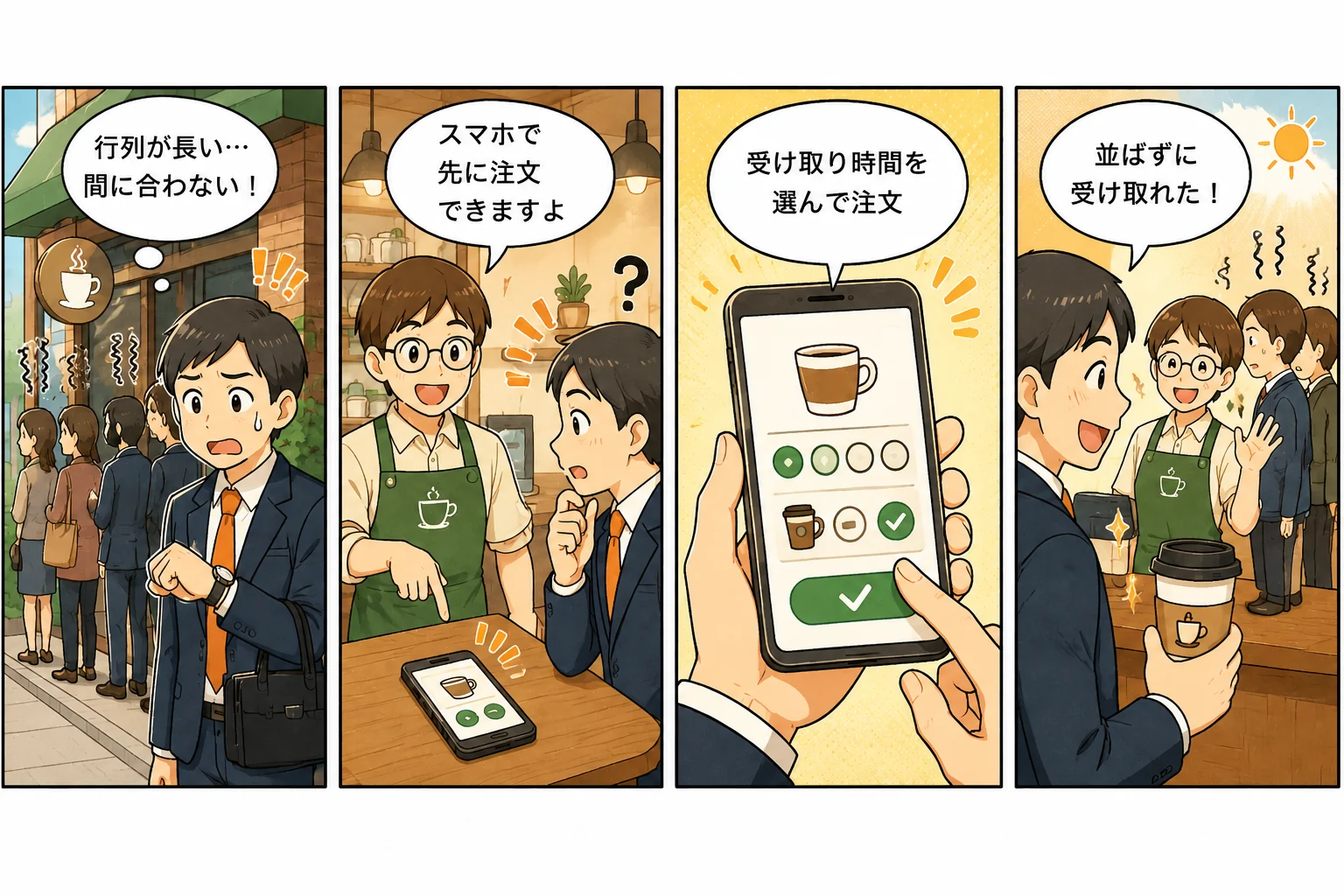 4コマ漫画作成AIで作った、スマートフォン注文の流れを伝えるカラー説明漫画