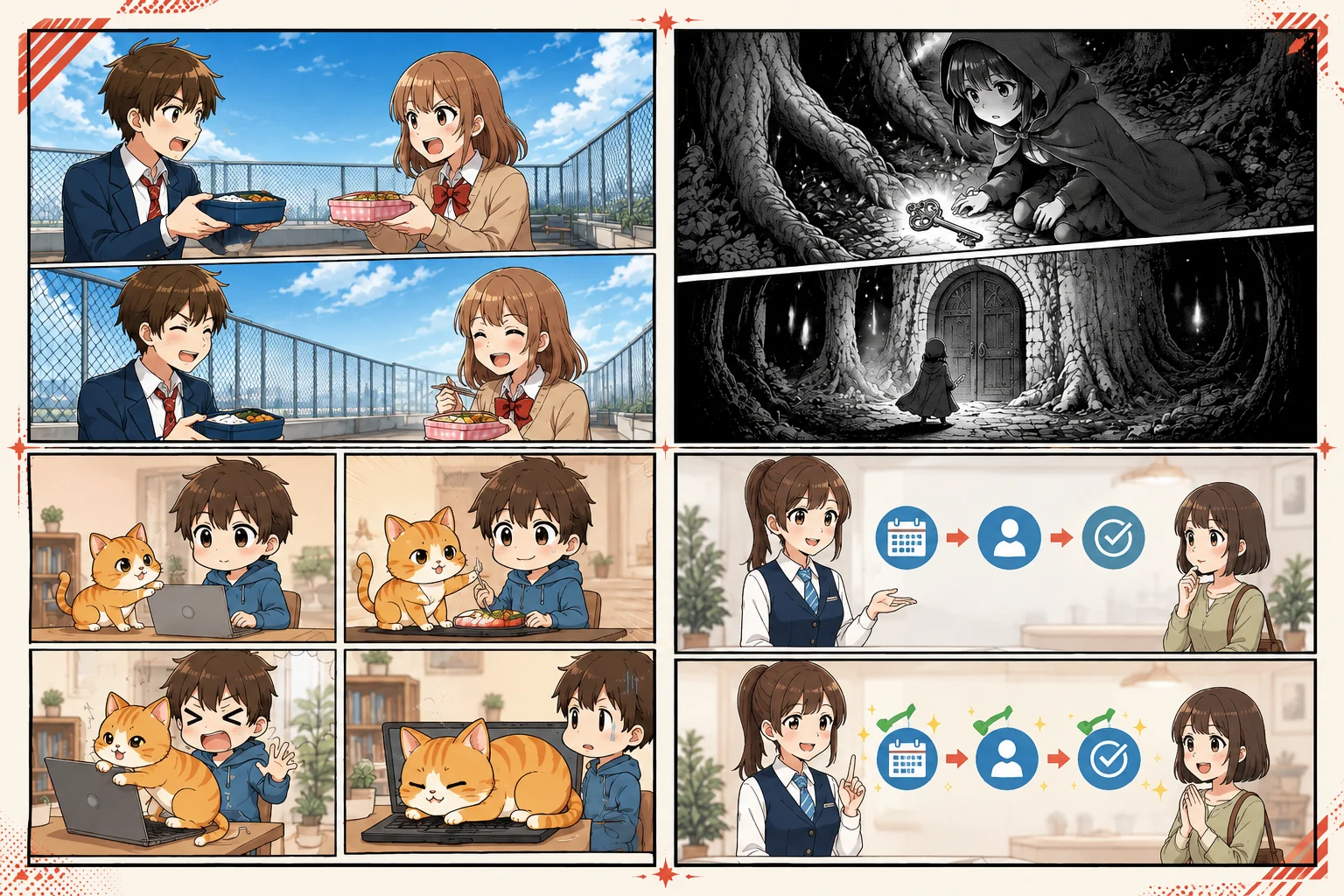 AI漫画生成ツールで作れる、学園会話・モノクロファンタジー・ペット4コマ・サービス説明の漫画例