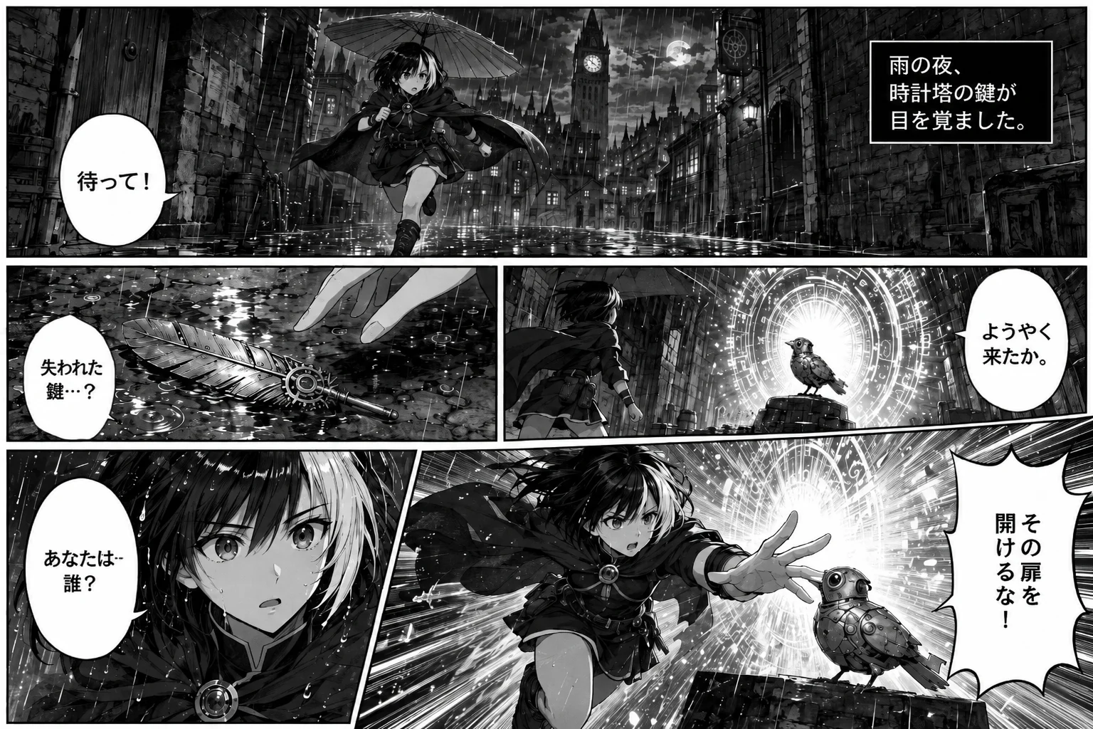 story to comicのようにストーリーからAI漫画を生成した、雨の夜に鍵と機械の鳥を追うモノクロ短編漫画